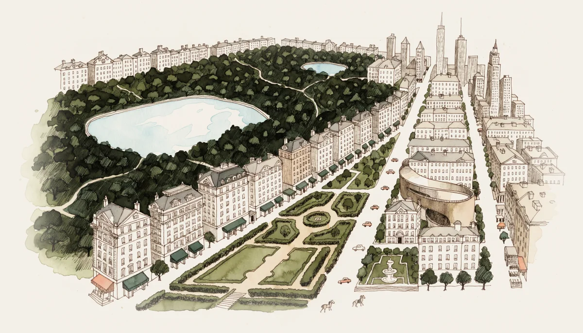 An illustrated view of Carnegie Hill and Central Park