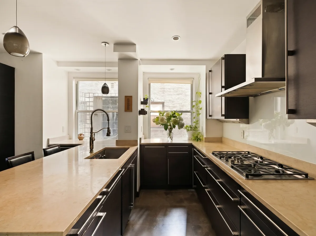 The kitchen, with its island and range wall