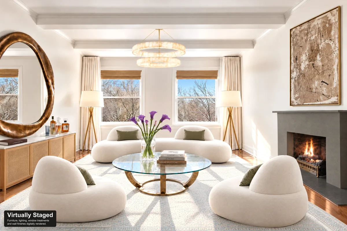 The living room, virtually staged, with Central Park beyond the windows